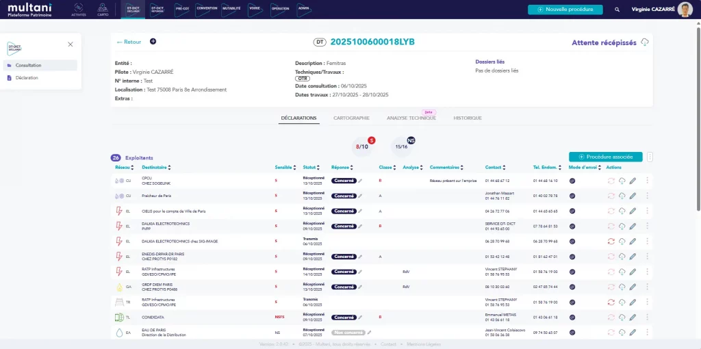 DICT Déclarer, détail récépissés de réponse exploitants